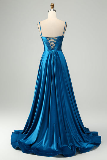 Sparkly Dark Blue A Line Corset Beaded Long Prom Dress med slids